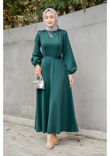 Luvi Pufy Dalgıç Balon Kollu Elbise-Zümrüt