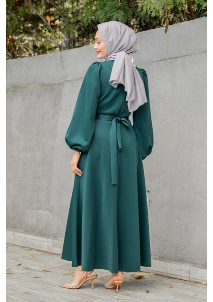 Luvi Pufy Dalgıç Balon Kollu Elbise-Zümrüt modelleri