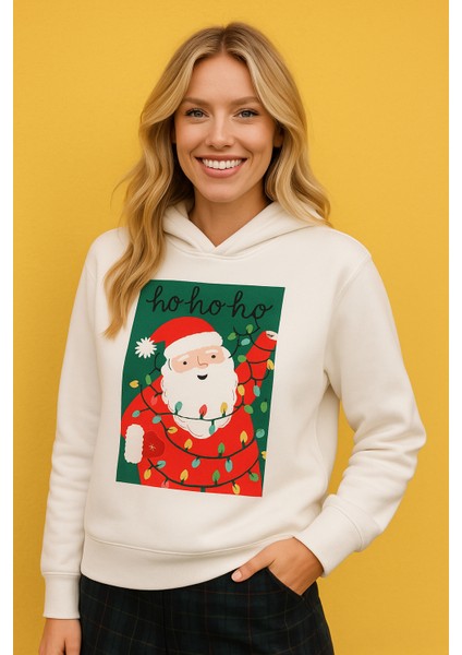 Yılbaşı Temalı Noel Baba Baskılı Kapüşonlu 3 Iplik Şardonlu Sweatshirt – Özel Koleksiyo