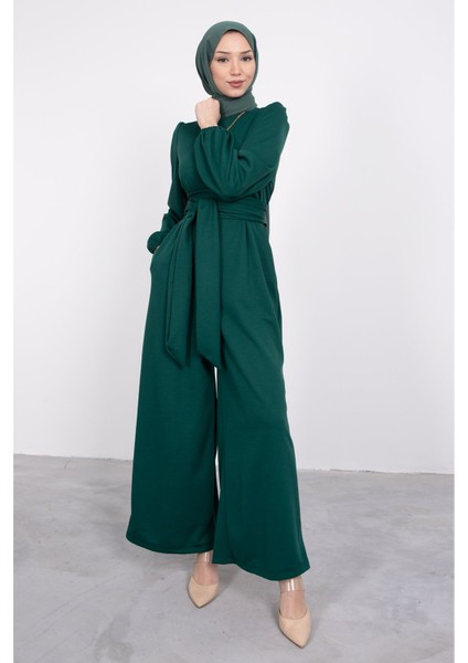 Geniş Kuşak Dolamalı Tesettür Tulum- Zümrüt