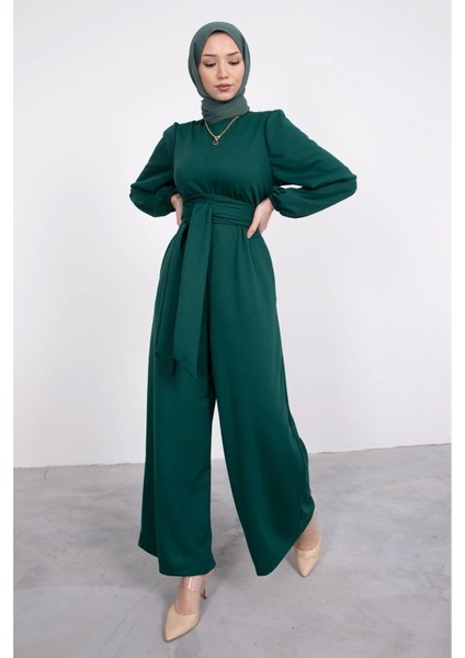 Geniş Kuşak Dolamalı Tesettür Tulum- Zümrüt fiyatları