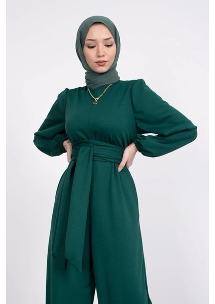 Geniş Kuşak Dolamalı Tesettür Tulum- Zümrüt modelleri