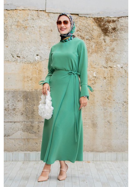 Krep Anvelop Bağlamalı Etek Bluz Takım-Mint