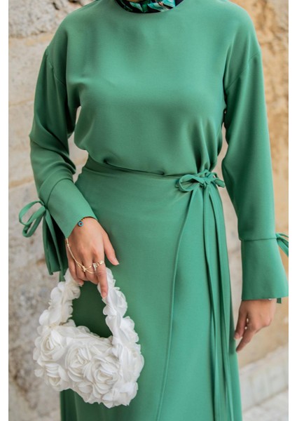 Krep Anvelop Bağlamalı Etek Bluz Takım-Mint fiyatları