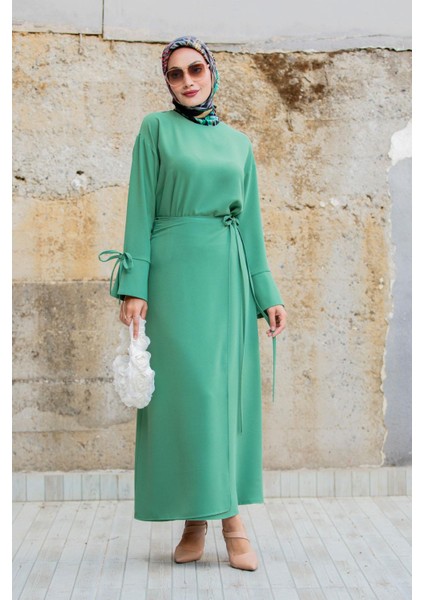 Krep Anvelop Bağlamalı Etek Bluz Takım-Mint modelleri
