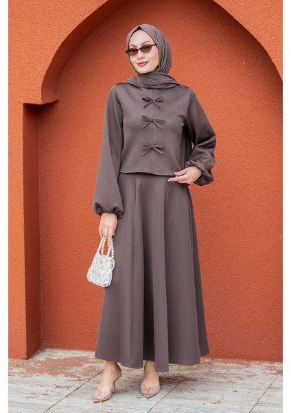 Fiyonk Detaylı Pufy Dalgıç Etek Bluz Takım-Khv