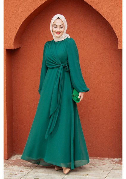 Narin Mat Şifon Tesettür Abiye-Zümrüt