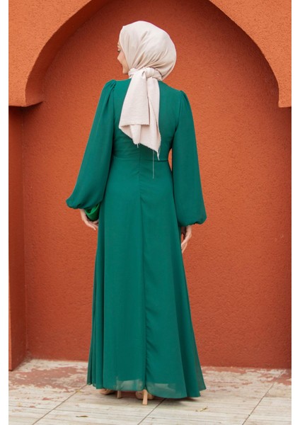 Narin Mat Şifon Tesettür Abiye-Zümrüt modelleri