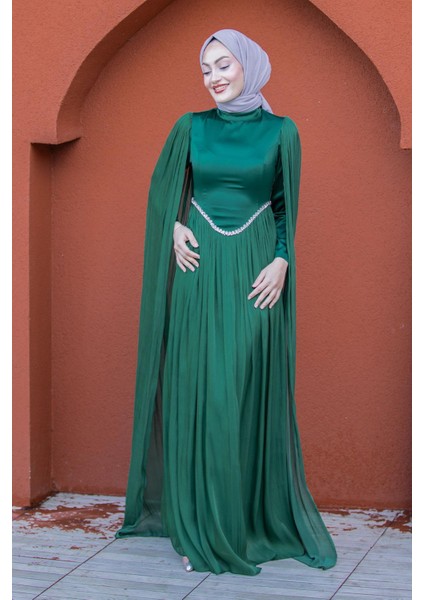 Nida Drapeli Taşlı Tesettür Abiye-Zümrüt