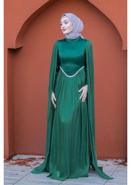 Nida Drapeli Taşlı Tesettür Abiye-Zümrüt fırsatları