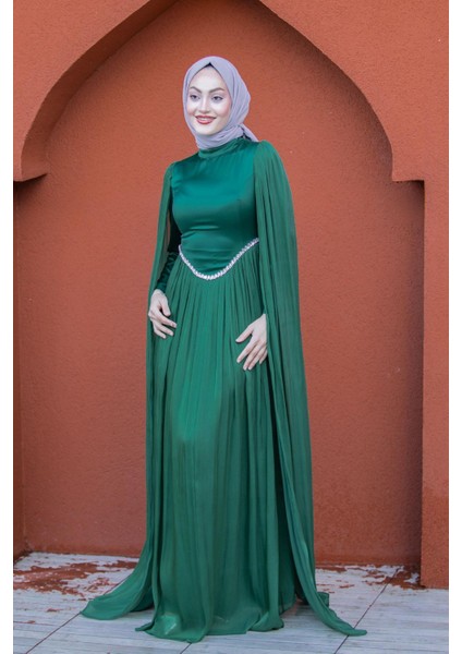 Nida Drapeli Taşlı Tesettür Abiye-Zümrüt indirimleri