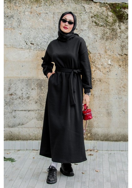 Üç Iplik Şardonlu Kapşonlu Spor Elbise-Siyah