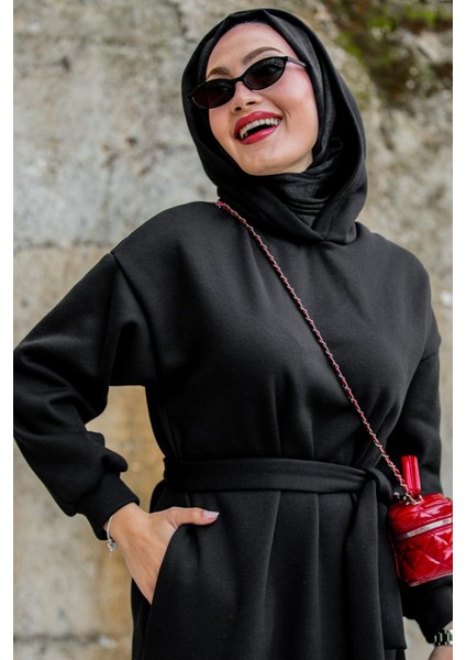 Üç Iplik Şardonlu Kapşonlu Spor Elbise-Siyah fiyatları