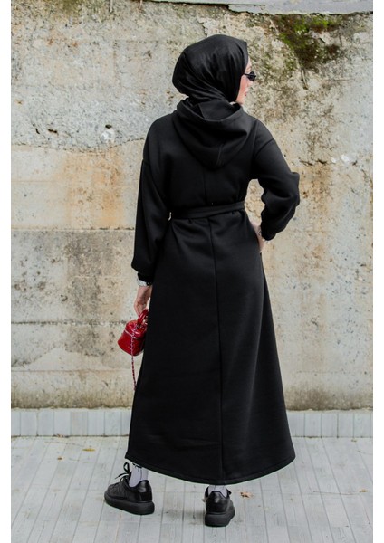 Üç Iplik Şardonlu Kapşonlu Spor Elbise-Siyah fırsatları