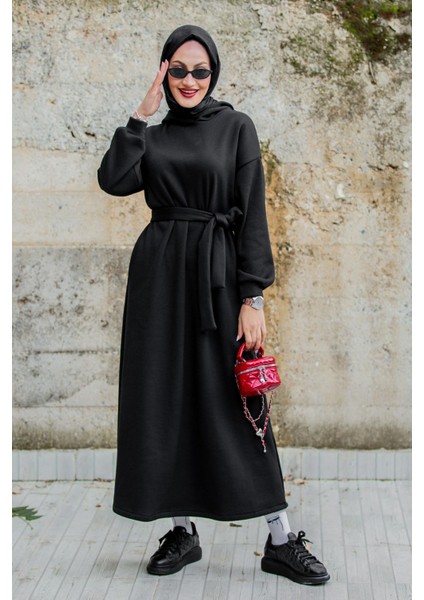 Üç Iplik Şardonlu Kapşonlu Spor Elbise-Siyah indirimleri
