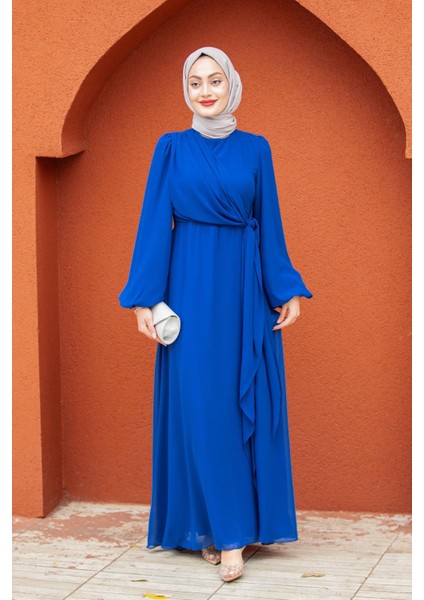 Narin Mat Şifon Tesettür Abiye-Saks modelleri