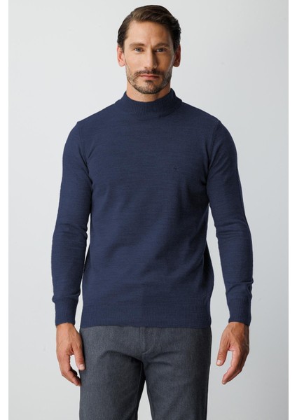 Mavi Standart Fit Dar Kalıp Yarım Balıkçı Düz Triko