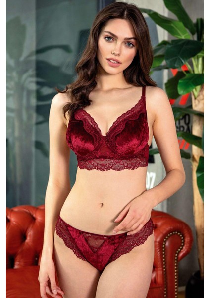 Kadife Balenli Destekli Dolgulu Dantelli Büstiyer Sütyen ve Slip Takım