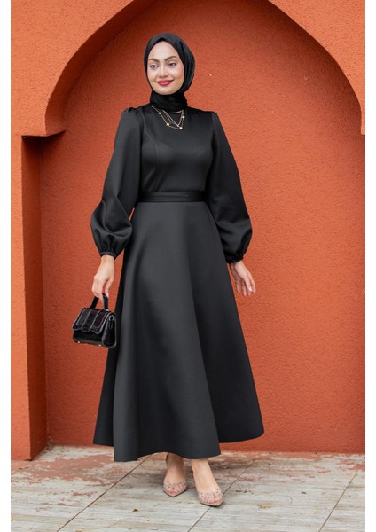 Luvi Pufy Dalgıç Balon Kollu Elbise-Siyah