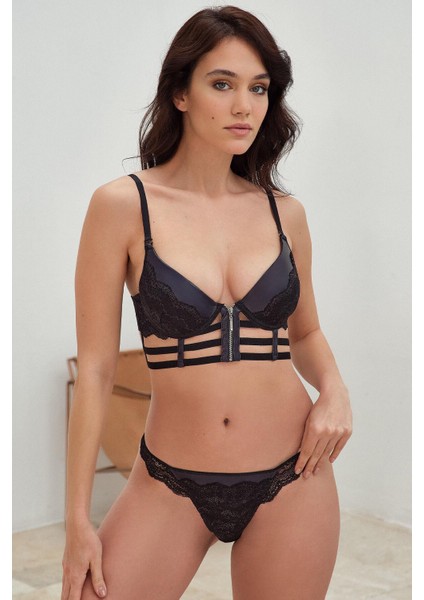 Deri Görünümlü Balenli Destekli Dolgulu Askıları Çıkabilen Fermuarlı Dantelli Büstiyer Sütyen ve Slip Takım