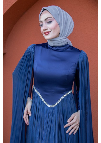 Nida Drapeli Taşlı Tesettür Abiye-Laci fiyatları