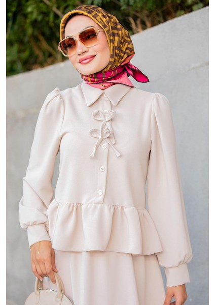 Emy Krep Fırfır Bluz Etekli Takım-Bej fiyatları