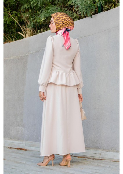 Emy Krep Fırfır Bluz Etekli Takım-Bej modelleri