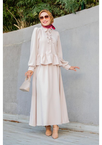 Emy Krep Fırfır Bluz Etekli Takım-Bej indirimleri