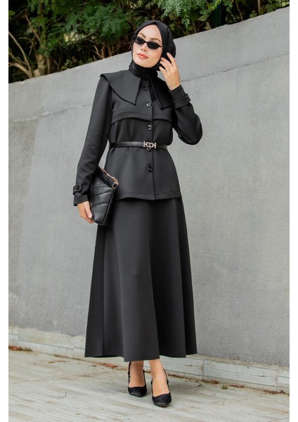 Pufy Dalgıç Ceket Etek Kemerli Takım-Siyah