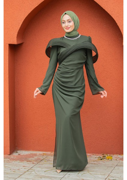 Pink Omuz Detaylı Drapeli Tesettür Abiye-Haki