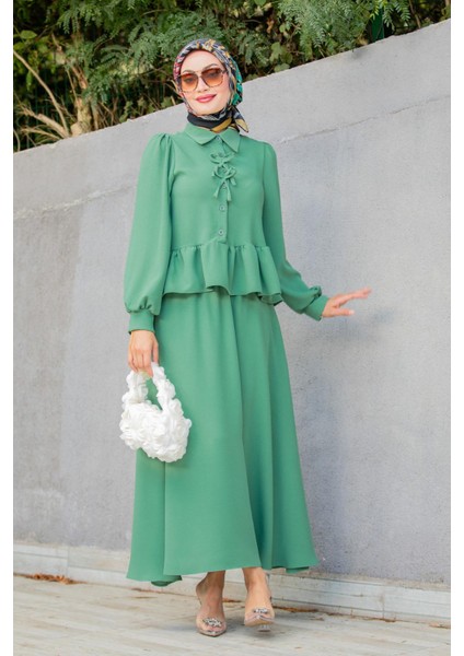 Emy Krep Fırfır Bluz Etekli Takım-Mint