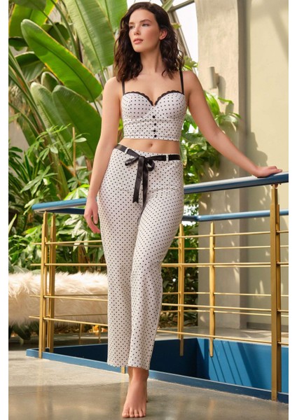 Fantezi Bralet Sütyen Pamuklu Puantiye Desenli Desteksiz Dantel Detaylı Pijama Takımı