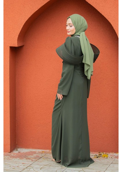 Pink Omuz Detaylı Drapeli Tesettür Abiye-Haki modelleri