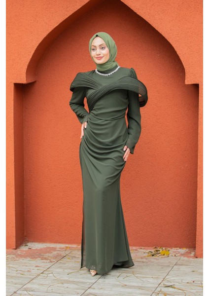 Pink Omuz Detaylı Drapeli Tesettür Abiye-Haki indirimleri