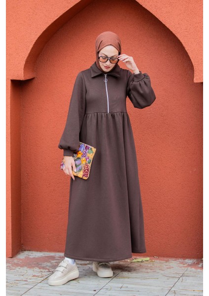 Fermuarlı Üç Iplik Şardonlu Sweat Elbise-Kahve