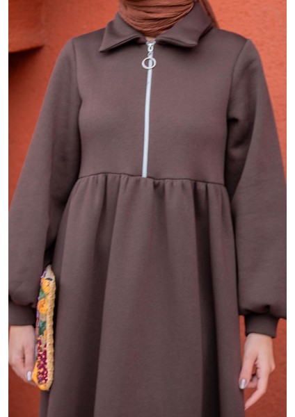 Fermuarlı Üç Iplik Şardonlu Sweat Elbise-Kahve fiyatları