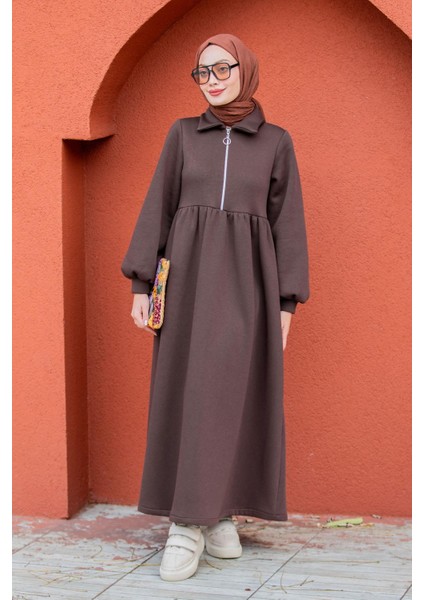 Fermuarlı Üç Iplik Şardonlu Sweat Elbise-Kahve modelleri