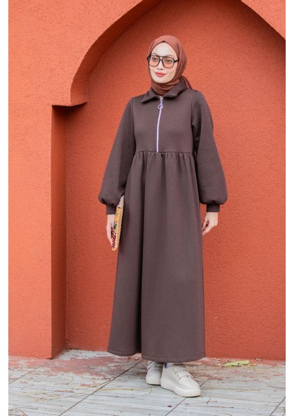 Fermuarlı Üç Iplik Şardonlu Sweat Elbise-Kahve indirimleri