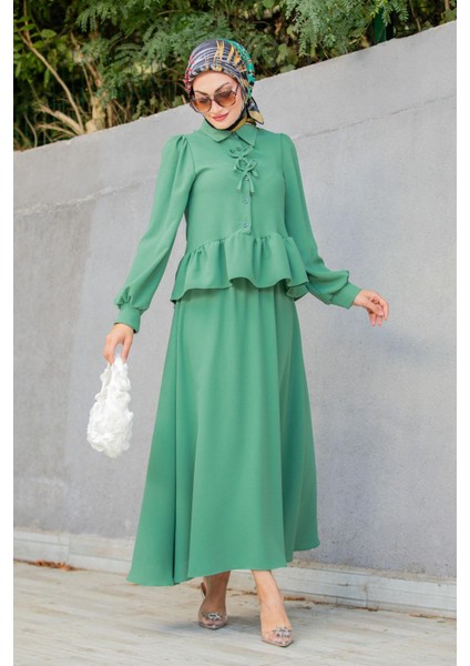 Emy Krep Fırfır Bluz Etekli Takım-Mint indirimleri