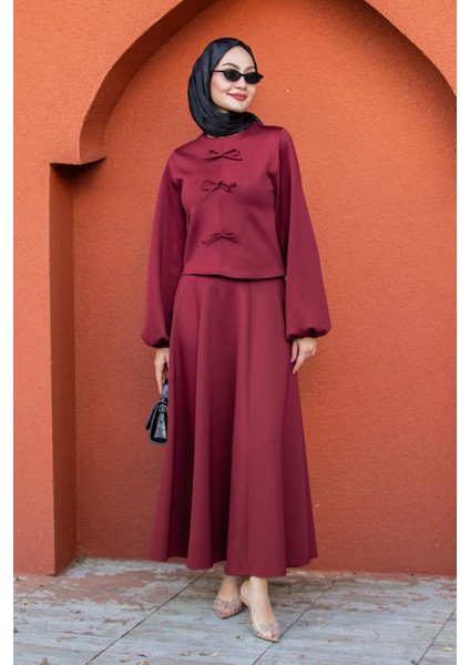 Fiyonk Detaylı Pufy Dalgıç Etek Bluz Takım-Bordo