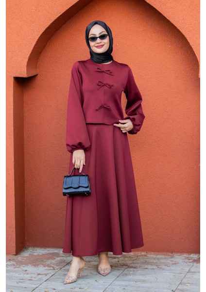 Fiyonk Detaylı Pufy Dalgıç Etek Bluz Takım-Bordo fırsatları