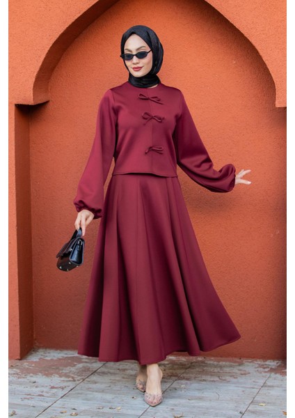 Fiyonk Detaylı Pufy Dalgıç Etek Bluz Takım-Bordo indirimleri