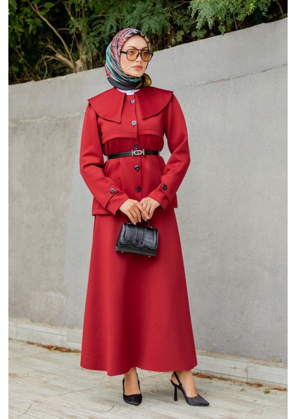 Pufy Dalgıç Ceket Etek Kemerli Takım-Bordo modelleri