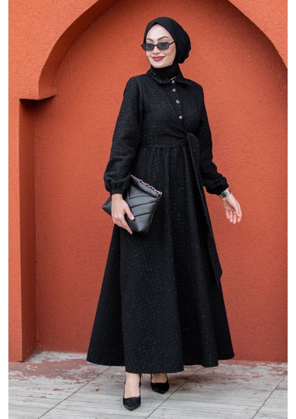 Tüvit Ekoseli Yan Bağlamalı Elbise-Siyah
