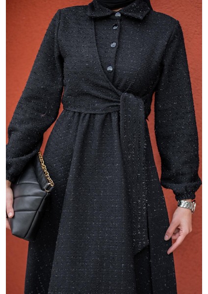 Tüvit Ekoseli Yan Bağlamalı Elbise-Siyah fiyatları