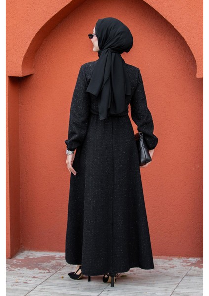 Tüvit Ekoseli Yan Bağlamalı Elbise-Siyah modelleri