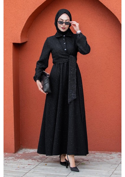 Tüvit Ekoseli Yan Bağlamalı Elbise-Siyah fırsatları