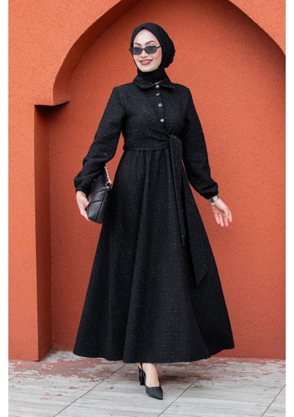 Tüvit Ekoseli Yan Bağlamalı Elbise-Siyah indirimleri