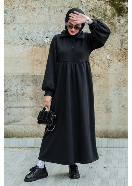 Yakalı Üç Iplik Spor Robalı Elbise-Siyah
