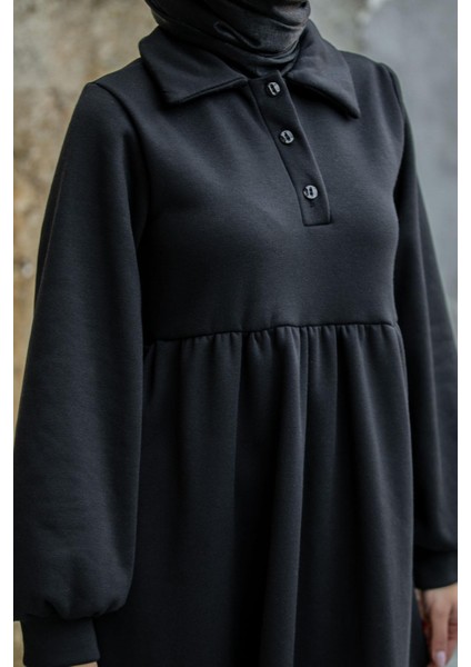 Yakalı Üç Iplik Spor Robalı Elbise-Siyah fiyatları